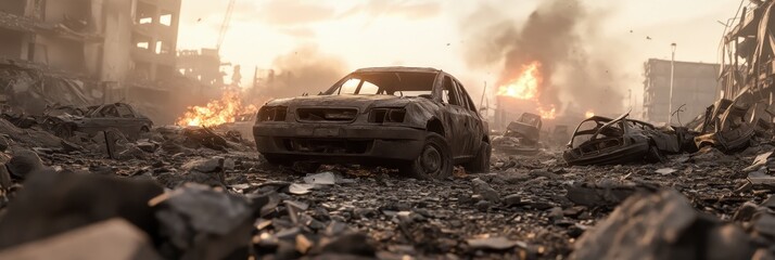 Ruined industrial area with debris and burnt vehicles showing war