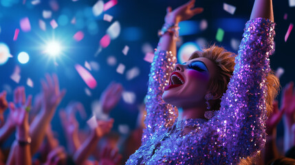 A Dazzling Drag Queen Captivates the Audience Mid-Performance at a Vibrant Drag Show Filled With Joy and Colorful Expressions