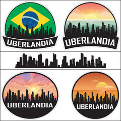 Obraz premium Uberlandia Skyline Brazil Flag Cityscape Silhouette Travel Souvenir Sticker Sunset Isolated Vector