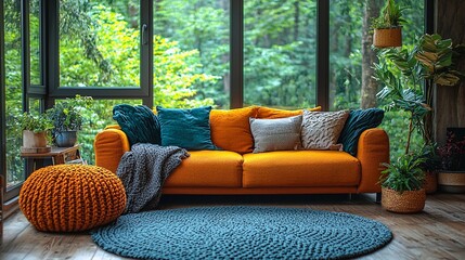 Comfortable, stylish living room with a Scandinavian-inspired aesthetic, illuminated by natural light flowing through spacious windows.