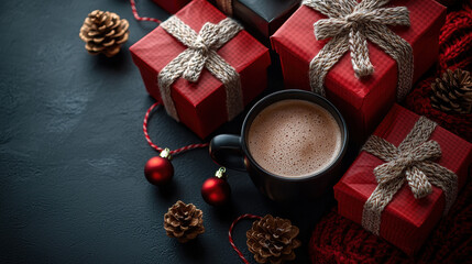 Fototapeta premium Warm holiday scene with red gift boxes, cozy cup of coffee, and festive decorations. Perfect for celebrating season with joy and comfort