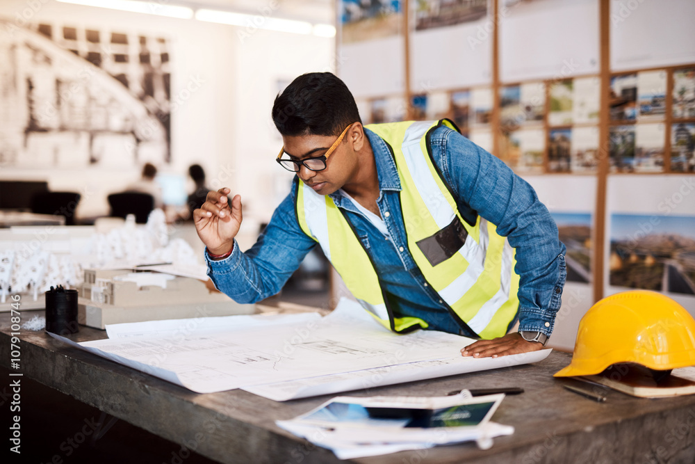Poster architect, man and reading a blueprint at work for project development and review of property. archi