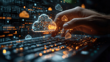 hand in motion over keyboard with digital cloud icons representing data transfer and technology. scene conveys sense of innovation and connectivity