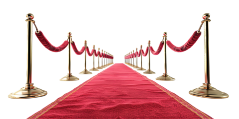 Luxurious red carpet lined with velvet ropes on a transparent background.