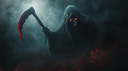 Grim reaper with scythe. Halloween theme poster.