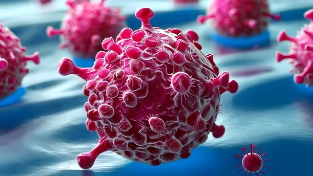 A detailed depiction of a virus suspended in a blue fluid, highlighting its prominent spikes and spherical shape, often used in research to illustrate viral characteristics
