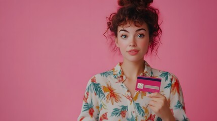 Photo of intelligent gorgeous girl dressed print shirt hold credit card indicating at promo empty space isolated on pink color background