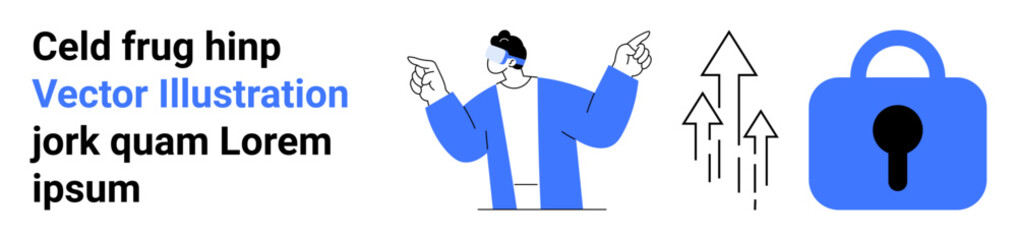 Business professional gesturing towards upward trends and a lock symbol. Ideal for business growth, cybersecurity, data protection, analysis, corporate strategy, market expansion. Banner for landing