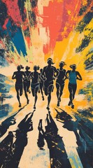 A running poster vintage-style with splashes and streaks in red, yellow, and blue. perfect for an athletic event or race. 