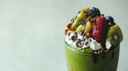 green smoothie with toppings, glass jar, contemporary styling, vibrant and fresh, isolated on white background