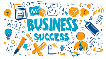 Creative illustration of business success with icons representing growth, planning, and achievement