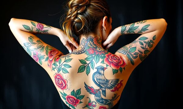 Intricate back tattoo featuring colorful roses and birds in a vibrant display of body art