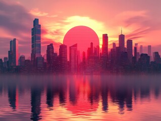 Fototapeta premium Futuristic Cityscape at Sunset with Red Sun