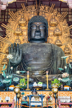 Statue with The Great Buddha (Daibutsu) in the main hall of Todaiji temple, located in Nara Japan