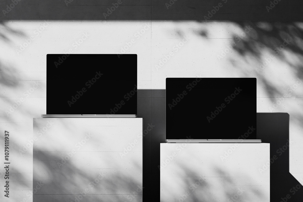 Wall mural scene with an open laptop with a blank screen on a concrete background