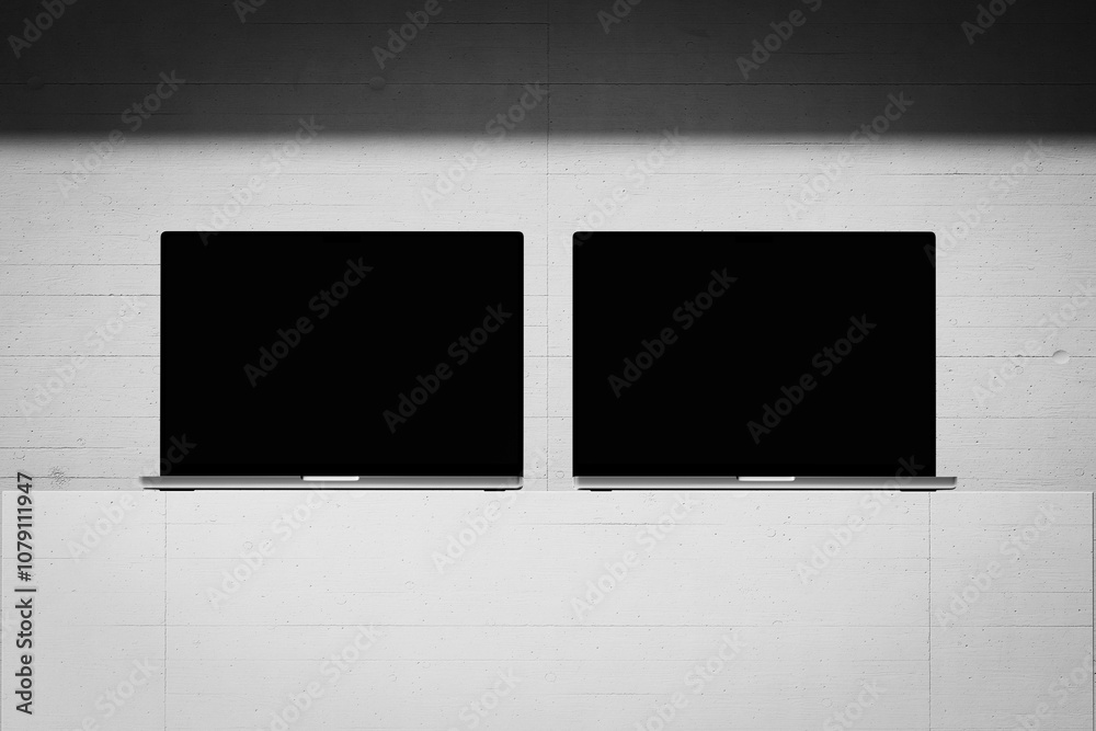 Wall mural scene with an open laptop with a blank screen on a concrete background