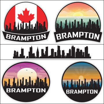 Brampton Skyline Canada Flag Cityscape Silhouette Travel Souvenir Sticker Sunset Isolated Vector