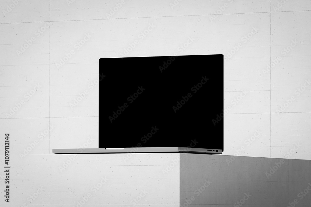 Wall mural scene with an open laptop with a blank screen on a concrete background