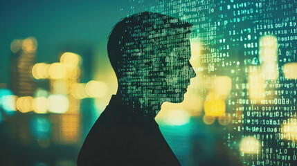 Silhouette of a businessman merging with digital binary codes in a futuristic city