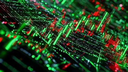 Obraz premium Dynamic Financial Growth - 3D Rendered Collage of Intertwined Green and Red Stock Market Symbols Representing Financial Dynamics