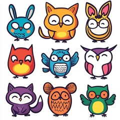 Whimsical Cartoon Animal Icons in Playful Graphic Design Style
