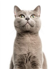 Fototapeta premium Portrait of a Russian Blue Cat with Striking Green Eyes, Ideal for Cat Lovers and Feline Enthusiasts