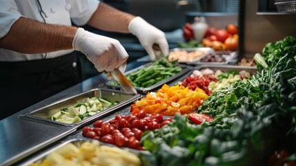 A chef in white gloves prepares a colorful salad with fresh vegetables on a stainless steel counter.