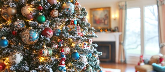 Obraz premium Close up of a beautifully decorated Christmas tree adorned with colorful toys showcasing stylish winter holiday interior design