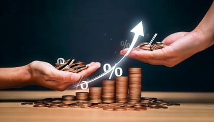 Two hand giving heap of coins money with up arrow and percentage symbol for financial banking increase interest rate or mortgage investment Generated image