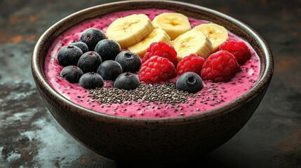 Colorful smoothie bowl topped with fresh fruits and seeds