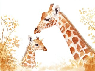 Giraffes mother and calf watercolor illustration for a Mother s Day card themed on safari