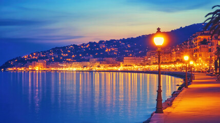 Illuminated coastal city skyline at night with a serene promenade and calm sea reflections