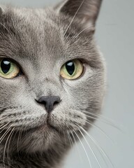 Portrait of a Russian Blue Cat with Striking Green Eyes, Ideal for Cat Lovers and Feline Enthusiasts

