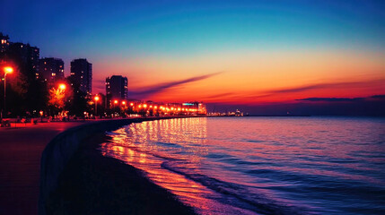 Nighttime view of a coastal city with illuminated promenade and calm sea reflecting city lights