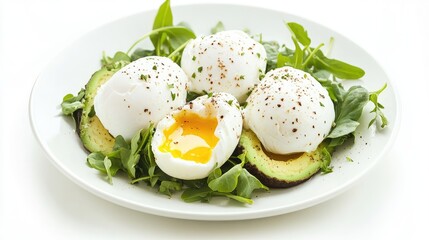 poached eggs with avocado and greens, minimalistic plate, healthy breakfast concept, isolated on white background