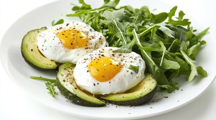 poached eggs with avocado and greens, minimalistic plate, healthy breakfast concept, isolated on white background