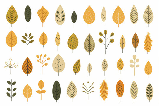 A vector illustration fof autumn leaves in flat, abstract shapes on a clean white background for eco-friendly or nature-themed designs