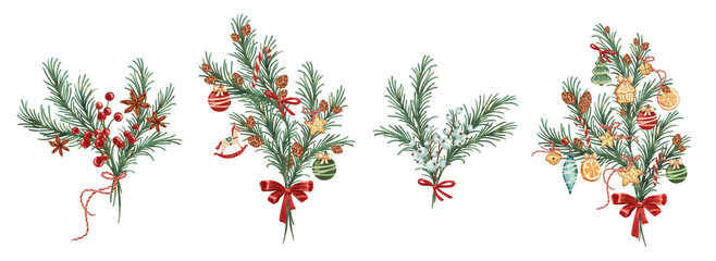 Christmas watercolor bouquets. Spruce decorated with christmas toys.