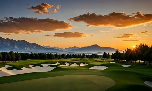 Beautiful golf course with sand bunkers and mountain views at sunset under dramatic sky. seamless looping time-lapse 4K video background