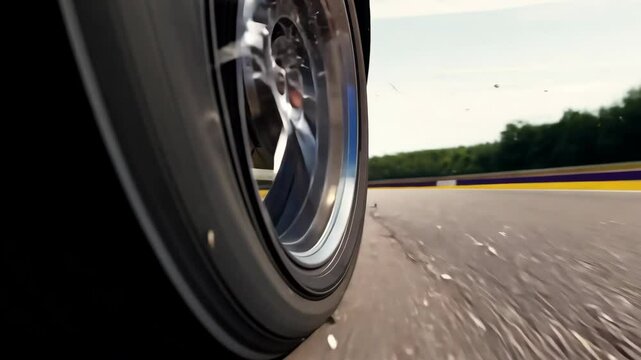 Zoom-in video of a sports car wheel speeding on a racetrack under high key lighting.