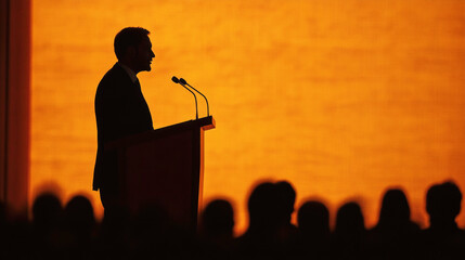 Businessman silhouette delivering a motivational speech at an inspirational conference event