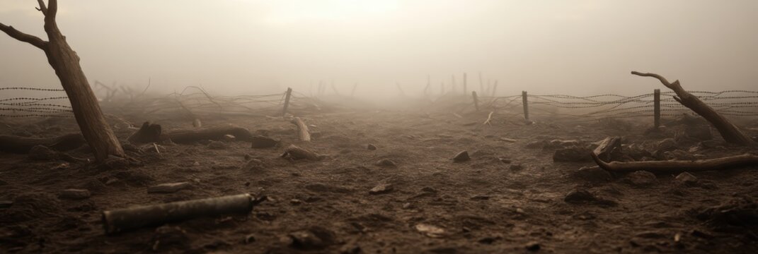 Desolate foggy scene with artillery and barbed wire - Powered by Adobe