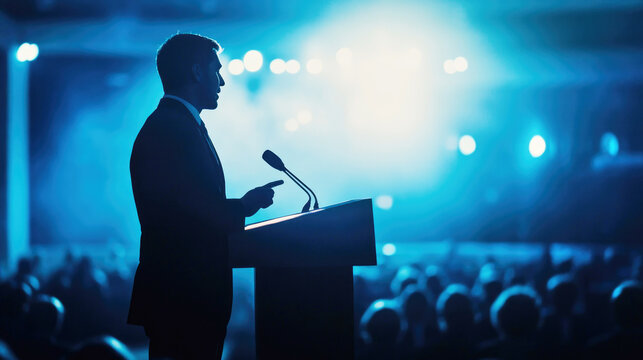 Businessman silhouette speaks at podium inspiring large audience during evening conference event