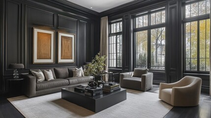 Luxurious Living Room with Dark Wood Paneling, Large Windows, and Plush Furniture