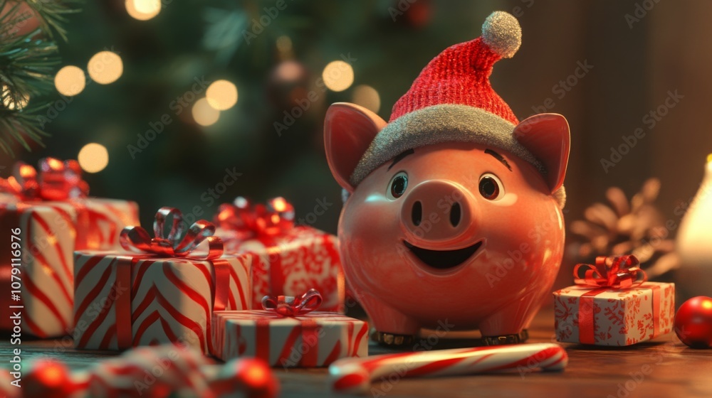 Poster a smiling piggy bank wearing a santa hat is sitting on a table with christmas presents and a candy c