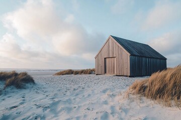 modern small wooden barn house on a beach