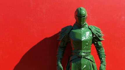 Fototapeta premium Defiant Green Warrior Facing Red Wall in 3D Render Symbolizing Trader's Challenges. Ultra-Detailed Concept Artwork.