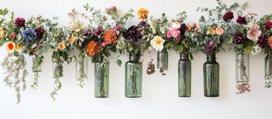 Charming floral arrangement in vintage glass jars hanging on a white wall perfect for home natural decor