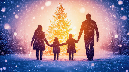 Joyful family of four holding hands in winter with a glowing Christmas tree at dusk