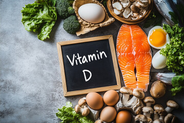 Vitamin D Rich Foods: Salmon, Tuna, Sardines, Mackerel, Mushrooms, and Eggs with Text Space